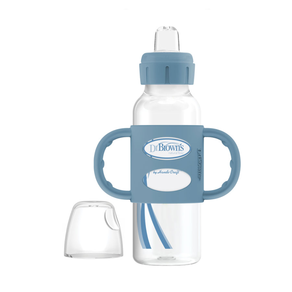 dr. brown’s® milestones™ narrow sippy bottle with silicone handles, 8oz250ml, light blue (2)