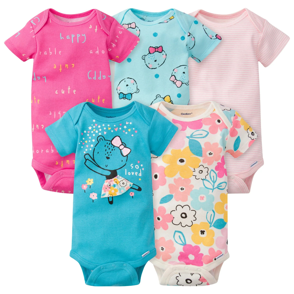 5 pack baby girls bear short sleeve onesies® bodysuits1