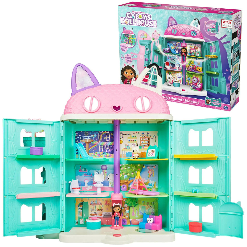 gabby's dollhouse, purrfect dollhouse 2 foot tall playset with sounds, 15 pieces