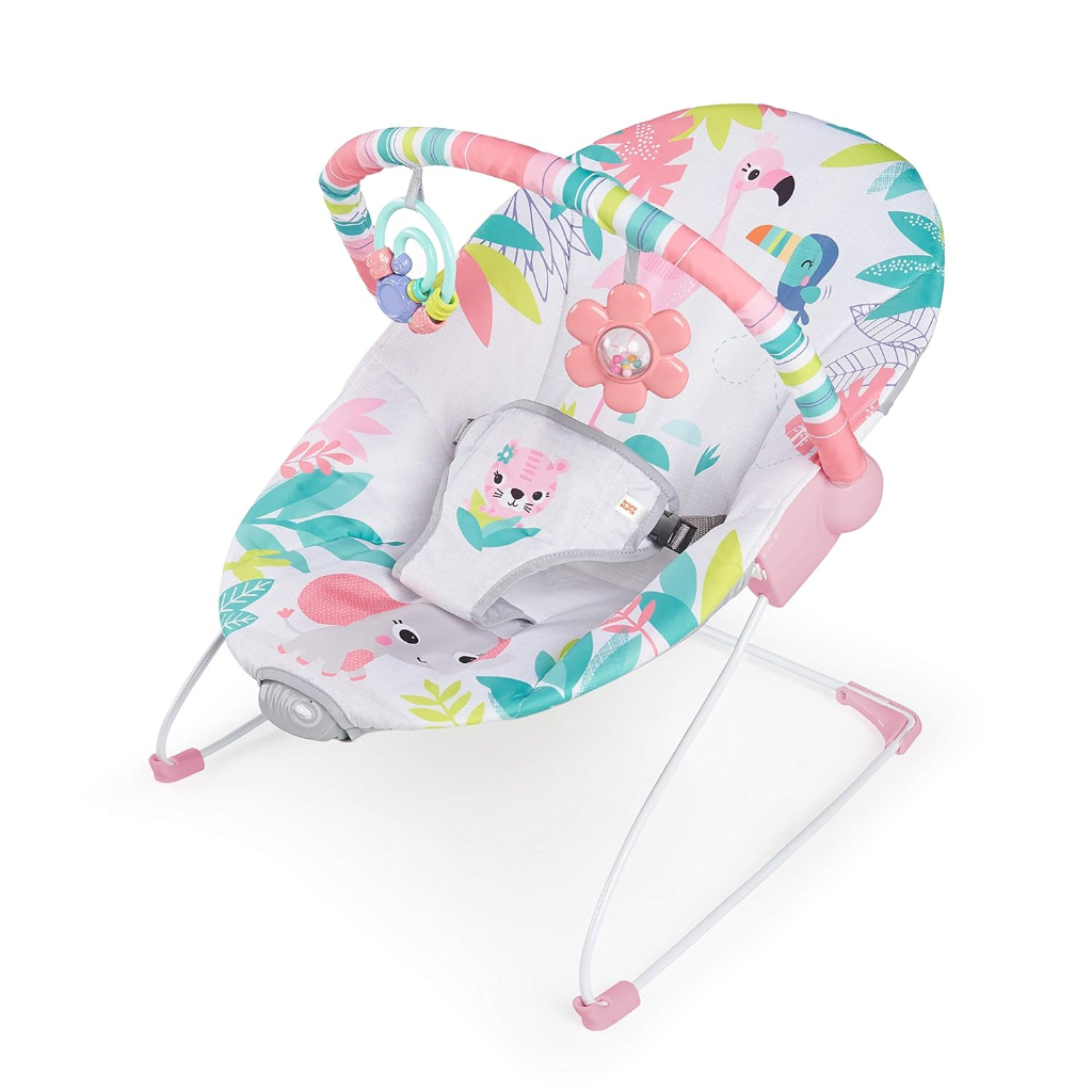 bright starts baby bouncer soothing vibrations infant seat flamingo vibes, pink9