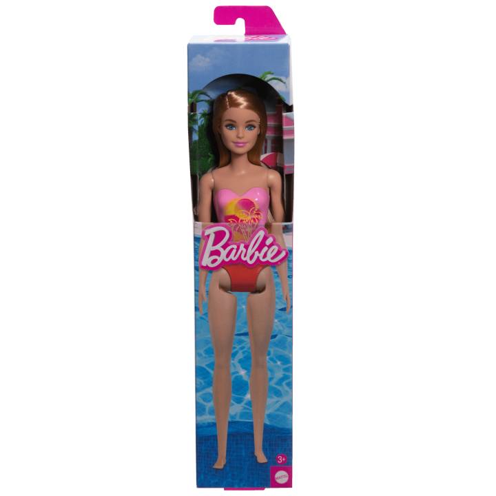 beach barbie doll with blond hair wearing pink palm tree print swimsuit