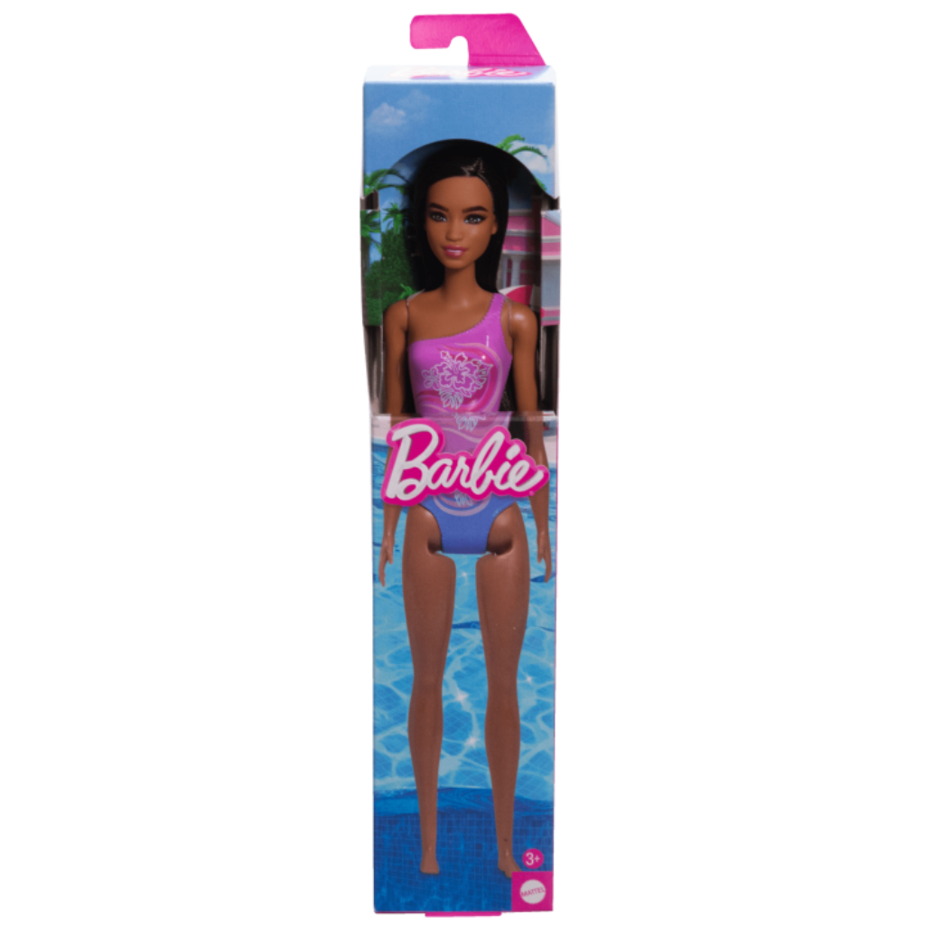 beach barbie doll with dark brown hair wearing tropical purple swimsuit