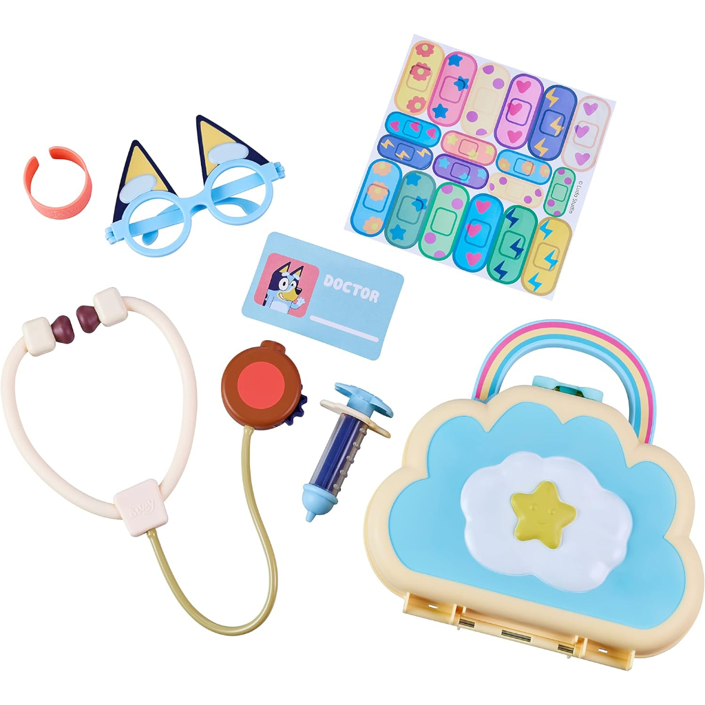 bluey cloud bag , doctor check up set, toy playset with 7 play pieces7