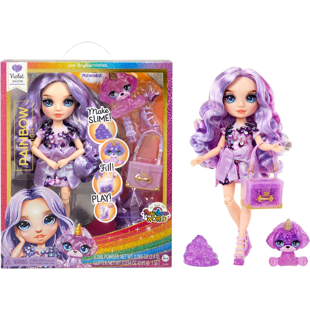 rainbow high violet, purple with slime kit & pet, 11 shimmer posable fashion doll6