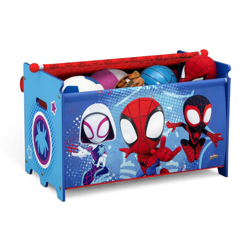 delta children marvel spidey and his amazing friends toy box with retractable fabric top, blue1