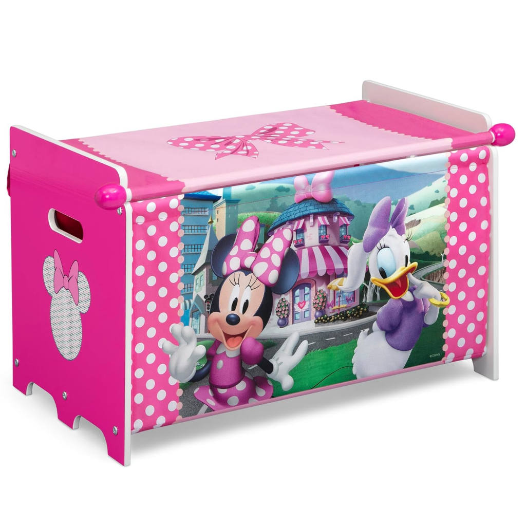 delta children minnie mouse toy box with retractable fabric top, pink3