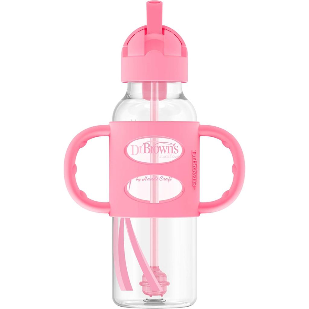 dr. brown’s® milestones™ narrow sippy straw bottle with silicone handles, 9oz270ml (pink) (6)