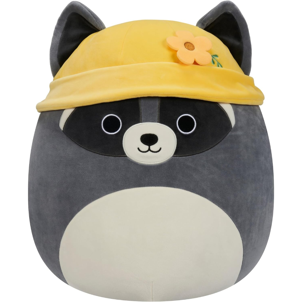 squishmallows original 14 inch rocky grey raccoon with yellow bucket hat2