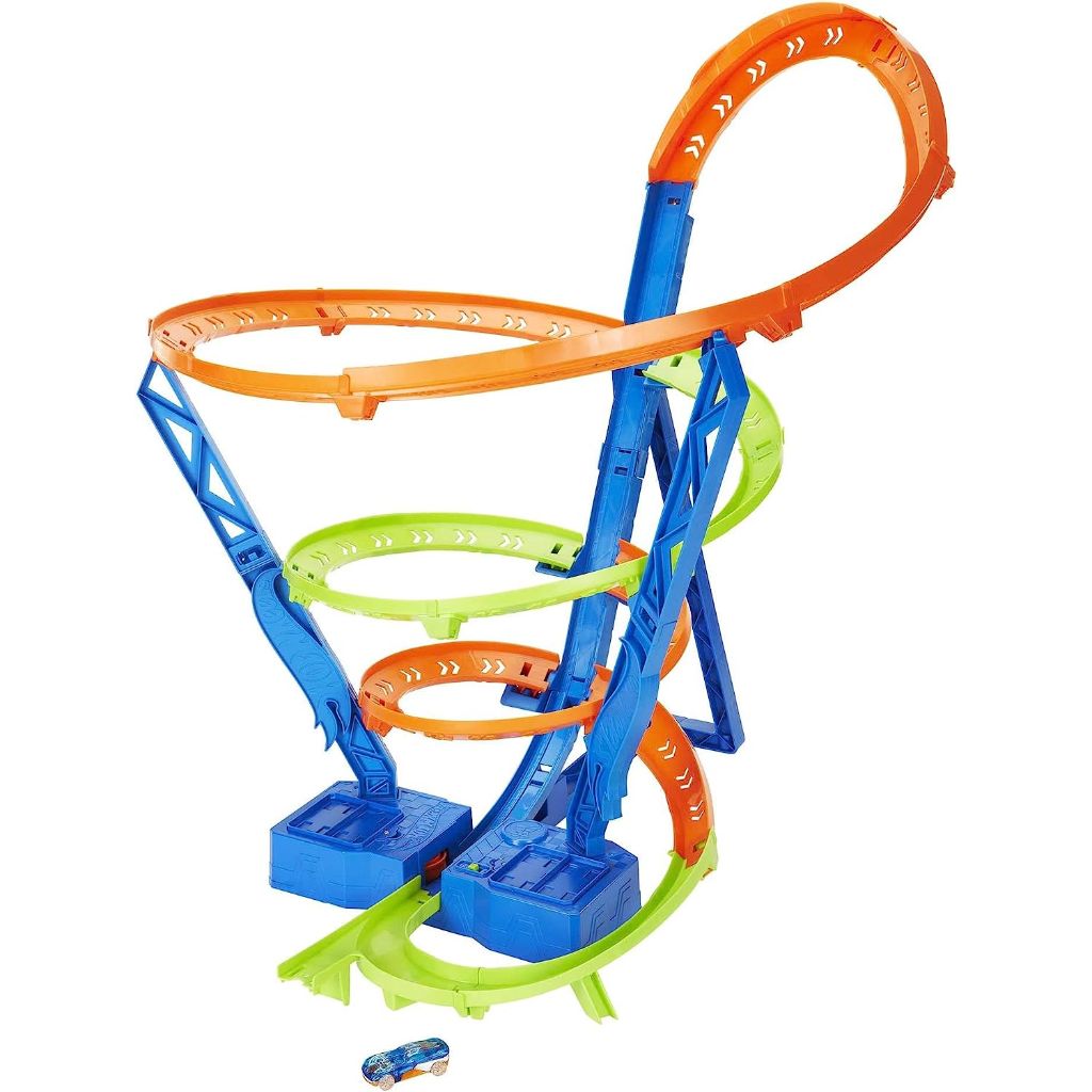 hot wheels toy car track set spiral speed crash, powered by motorized booster, 29 in tall track with 164 scale car (1)