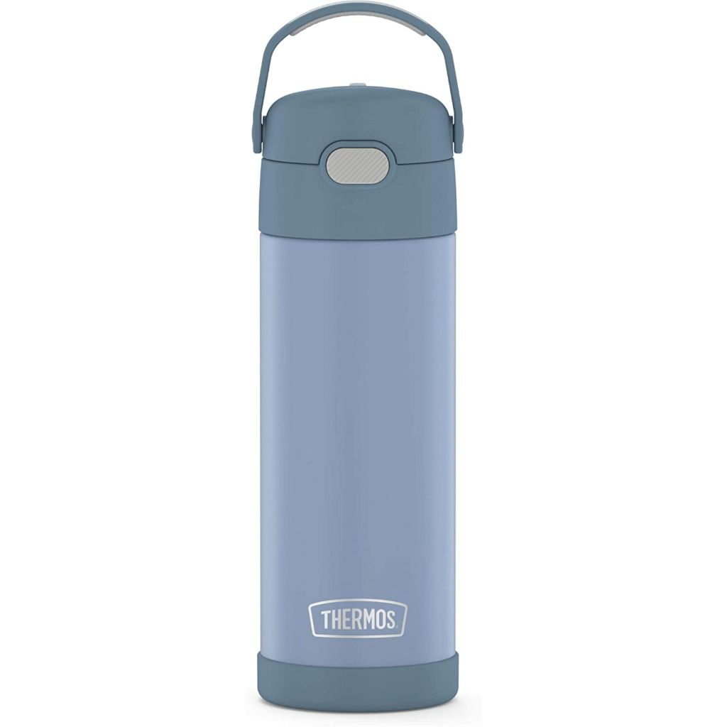 thermos funtainer 16 ounce stainless steel vacuum insulated bottle with wide spout lid, denim blue