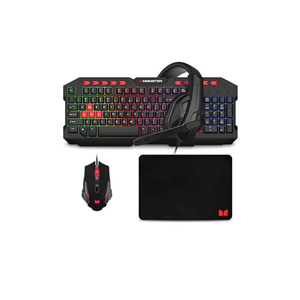 monster 4 in 1 gaming keyboard bundle:headset:mouse & pad(black)1